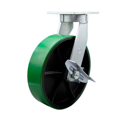 Service Caster 10'' Heavy Duty Green Poly on Cast Iron Caster with Brake and Swivel Lock CRAN-SCC-KP92S1030-PUR-GB-SLB-BSL